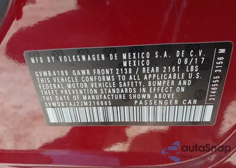 2018 Volkswagen Jetta 1.4T Se/1.4T Wolfsburg Edition z USA, uszkodzony, nr VIN 3VWDB7AJ2JM216665